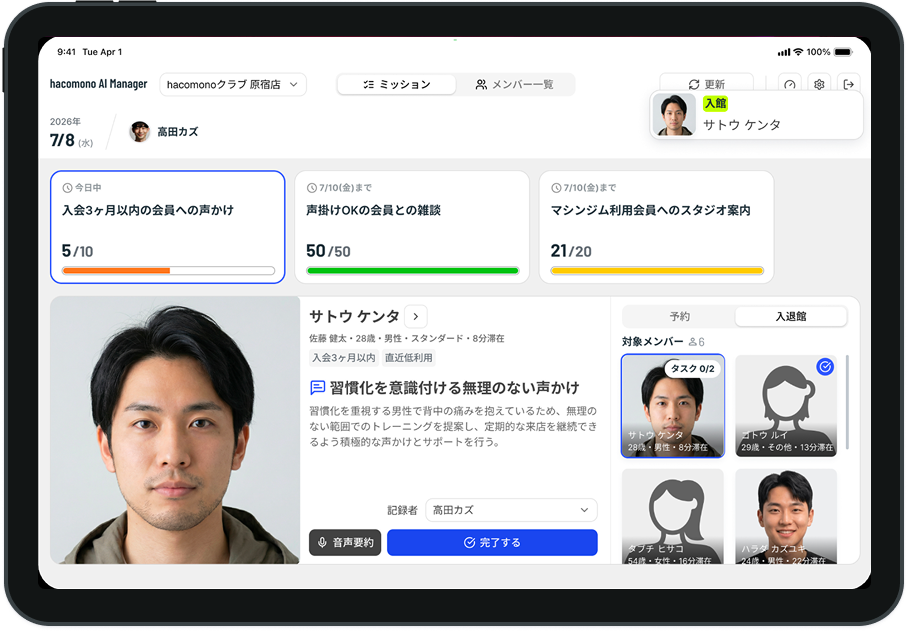 AI Managerのダッシュボード画面。会員ごとのタスクや対応状況が一覧で確認できる。